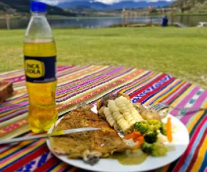Laguna Huaypo en Cuatrimotos, trucha frita con su Inca Kola.