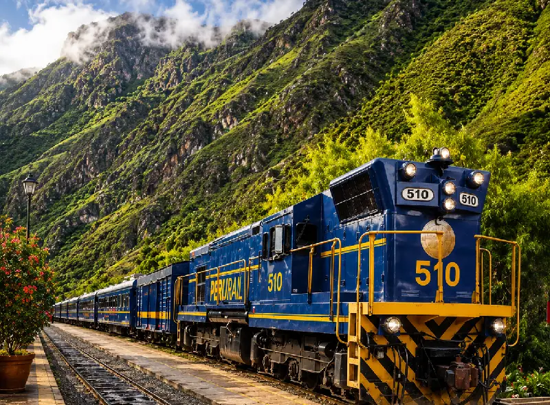 Tren turístico rumbo a Machu Picchu atravesando el Valle Sagrado de los Incas en Cusco