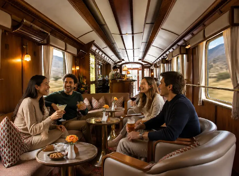 Grupo de viajeros compartiendo una experiencia a bordo de un tren turístico panorámico hacia Machu Picchu