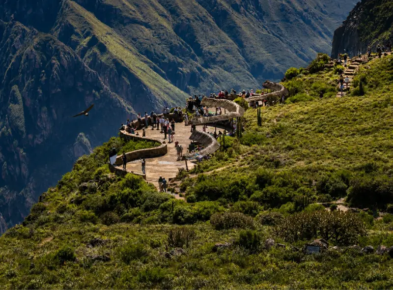Viajeros contemplando el Cañón del Colca desde un mirador durante el trekking de 2 días